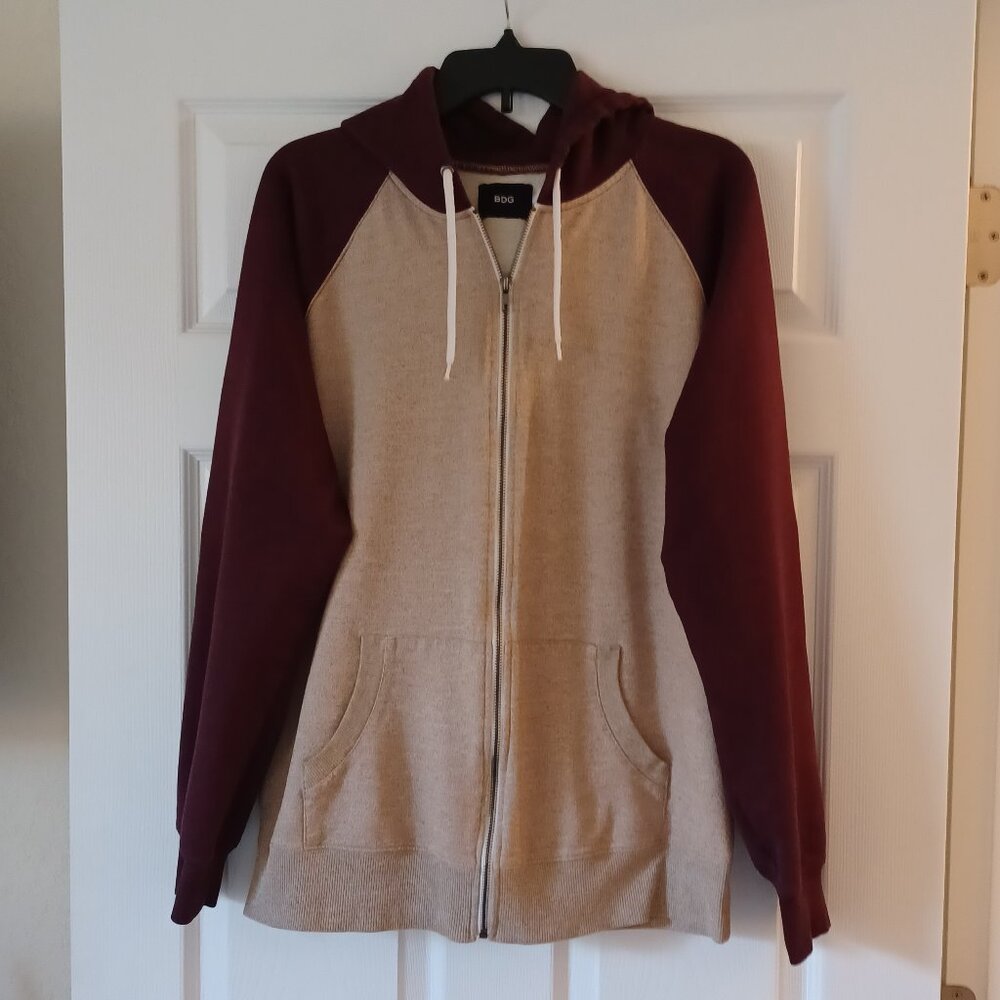 LIKE NEW! BDG Full Zip Maroon/Tan Drawstring Unisex Hoodie Size XL